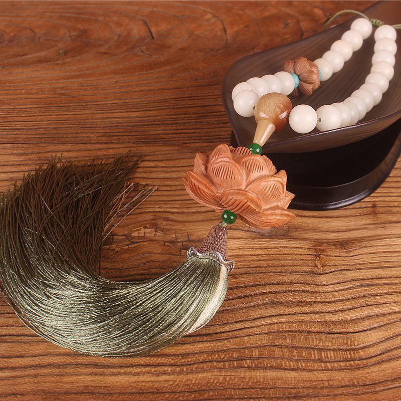 Natural White Jade & Peach Wood Lotus Pendant for Rearview Mirror