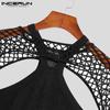 INCERUN S-5XL Summer Mens Fashion Long Sleeved Bare-midriff Tops Sleeveless O-neck Undershirt Mesh See-through Shirts Black Clubwear