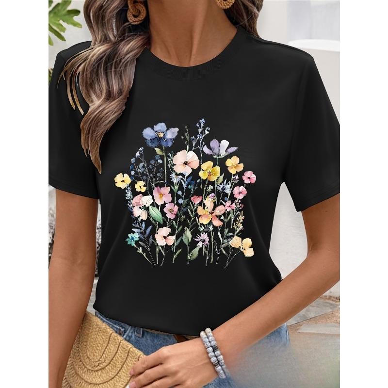 

European Size Women s Casual Short Sleeve T-Shirt - Floral Print Round Neck Top, Breathable Spring Summer Machine Washable Regular Fit Tee 4XL