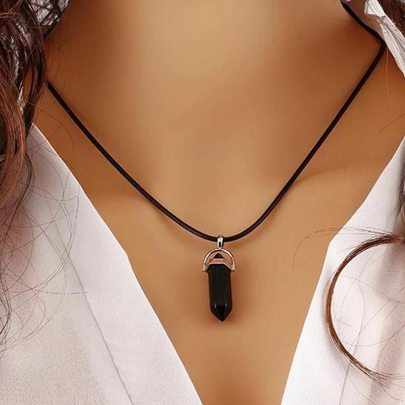 Stylish Hexagonal Crystal Gemstone Pendant Necklace with Gold Cap