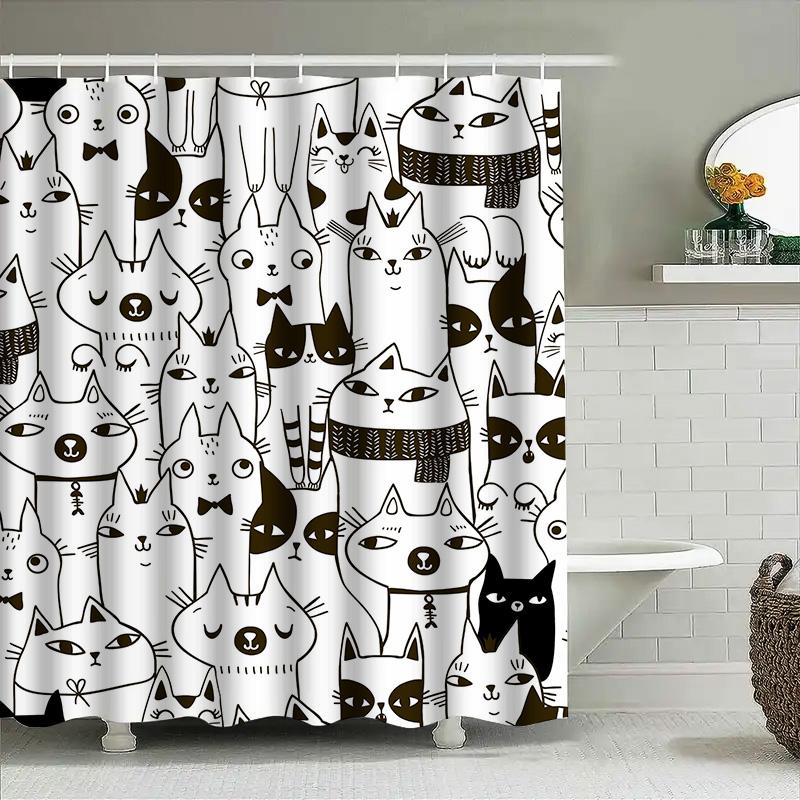 Black White Cartoon Cat Print Shower Curtain Waterproof Fabric For Bathroom Decorations Diy Home Decoration
