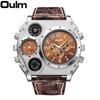 Oulm New Style Large Men's Watch Luxury Brand Men Quartz Watch Men Two Time Zone Leather Sport Wristwatches