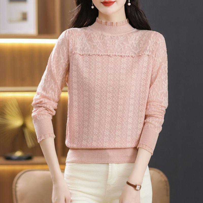 Women's Elegant Plus Size Lace Knit Top - Autumn/Winter 2025 Fashion
