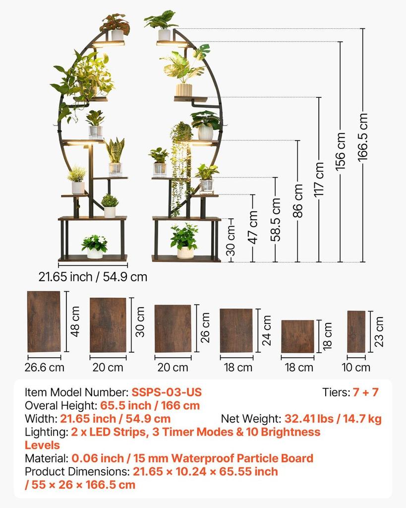 Plant Stand Indoor with Grow Lights, 166.5cm Tall 7-Tiered Lighted Plant Shelf, 2 Pack Metal Corner Plants Holder, 3 Timer & 10 Brightness, Half-Moon