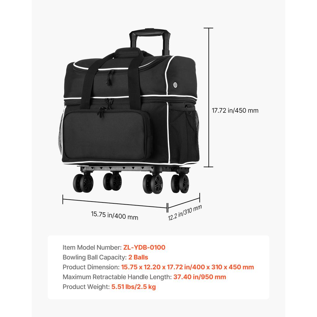 SucceBuy Bowlingkugel Tasche 2 Bälle Vier Rollen Bowling Tasche Mit Separatem Fach für Schuhe Ausziehbarer Griff Erweitert
