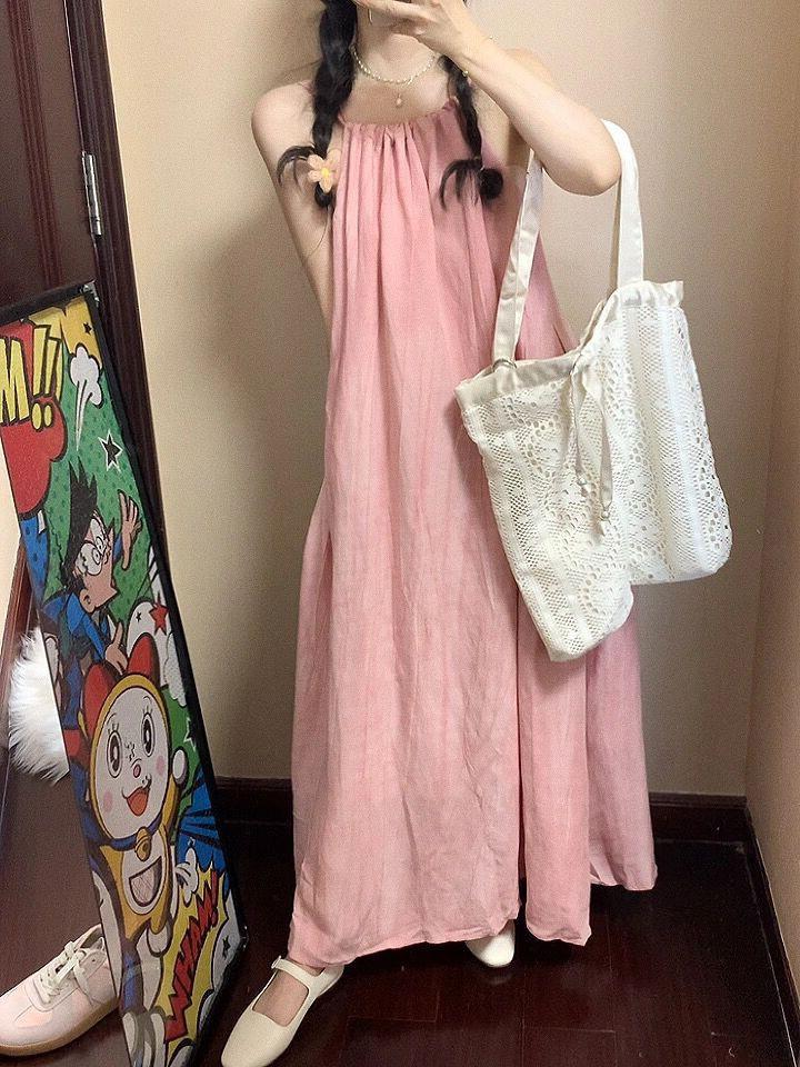 Pink suspender long dress women's summer new seaside vacation beach dress neck design niche skirt