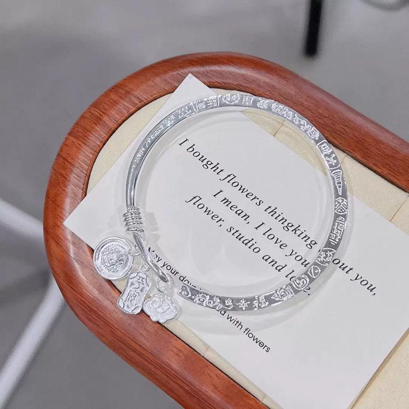 Vintage Silver-plated Fu Character Bracelet New Ethnic Gourd Bell Open Design Concept Bangle Auspicious Ruyi Tassel Jewelry Gift