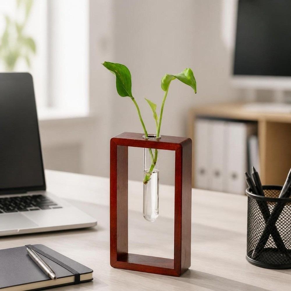 Wooden Glass Tube Vase Minimalist Hydroponic Flowerpot Plant Stand Flower Holder Living Room