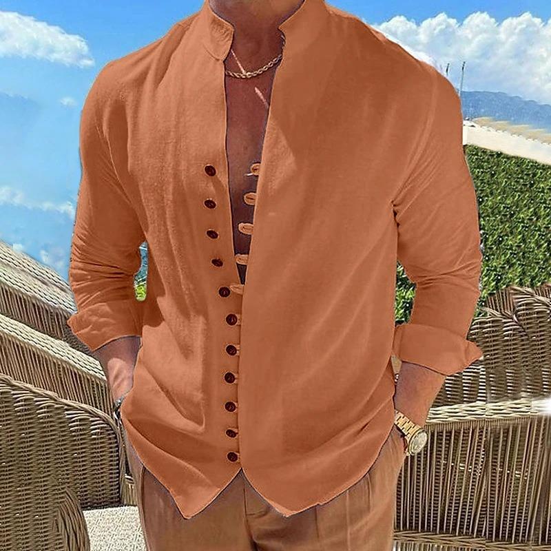 Men stand collar long sleeve shirt chinese style frog button spliced metal buttons loose casual daily vacation top