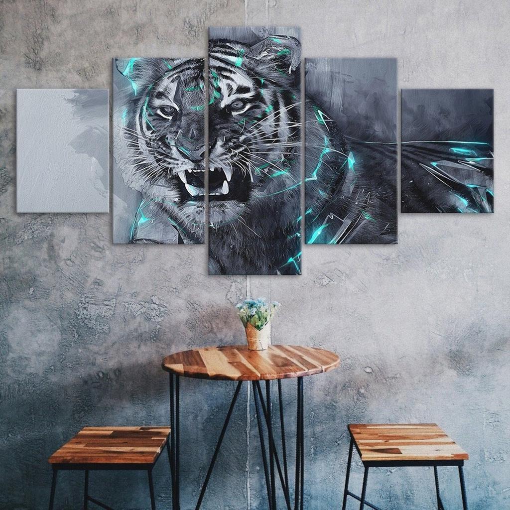 Brüllender Weißer Tiger Tierische Abstrakte Szene 5-teilig Fünf-Panel Wandleinwand Druck Modernes Kunstposter Bild Heimdeko Geschenk Für Ihn Für Sie