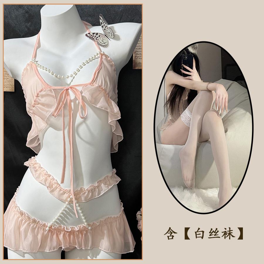 Sexy Underwear Sexy Breast Pearl Neck Three-point Lace Uniform Hip Perspective Cute Woman
