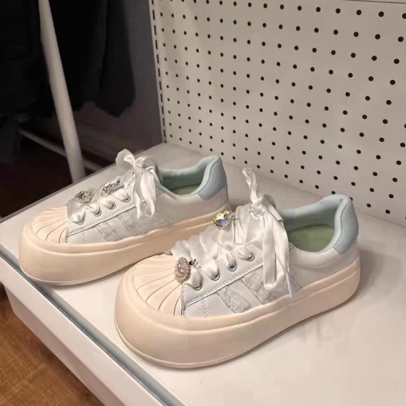 Ballet Ribbon Casual Board Shoes Women's Spring and Autumn New Sweet Little White Shoes Round Head Shell Head Thick Baseplate Shoes