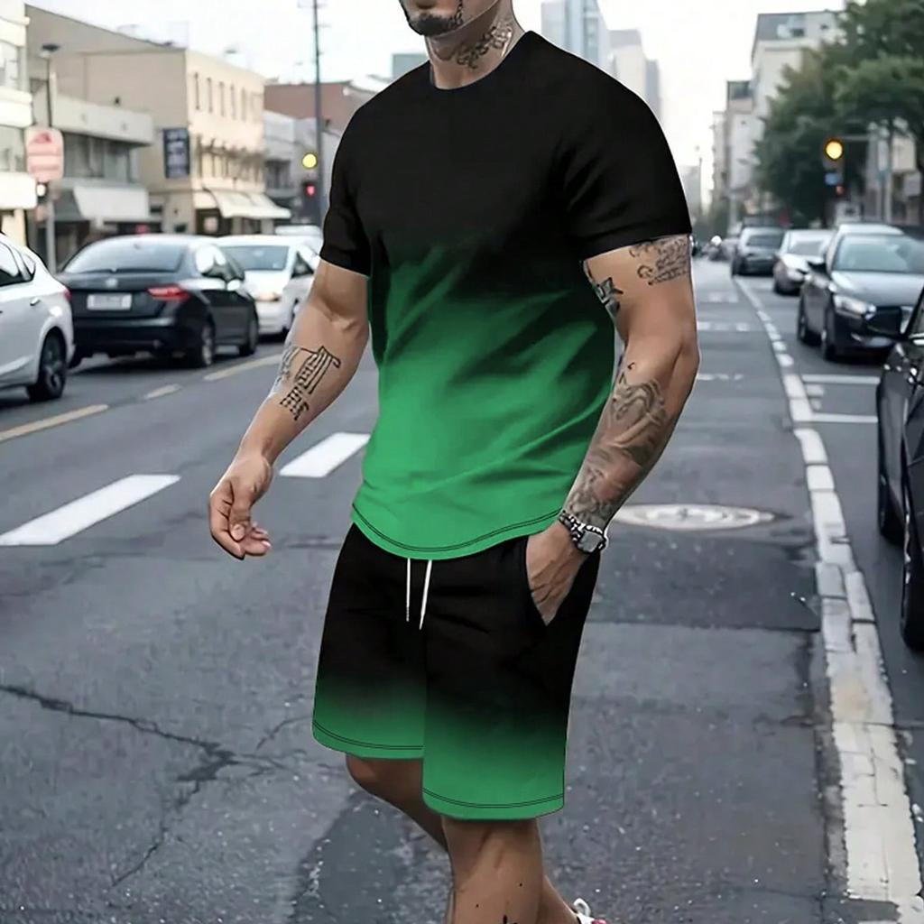 Manfinity Homme Pánske Letné Farebné Blokové Potlačené Ležérne Tričko s Krátkym Rukávom a Okrúhlym Výstrihom a Šortky so Sťahovacou Šnúrkou