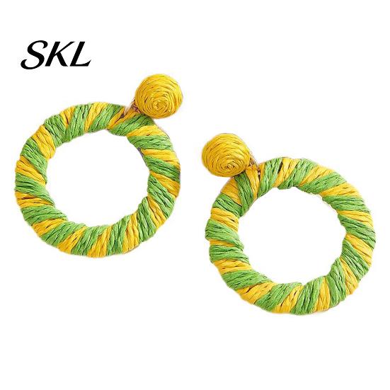 Bohemian Earrings 1 Pair Boho Raffia Circle for Women, Summer Handmade Handwoven Straw Rattan Round Drop Dangle Earrings, Statement Tropical