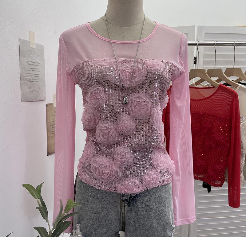 

Pink 3D Floral Sequin Mesh Long Sleeve Slimming T-Shirt for Women One Size рожевий