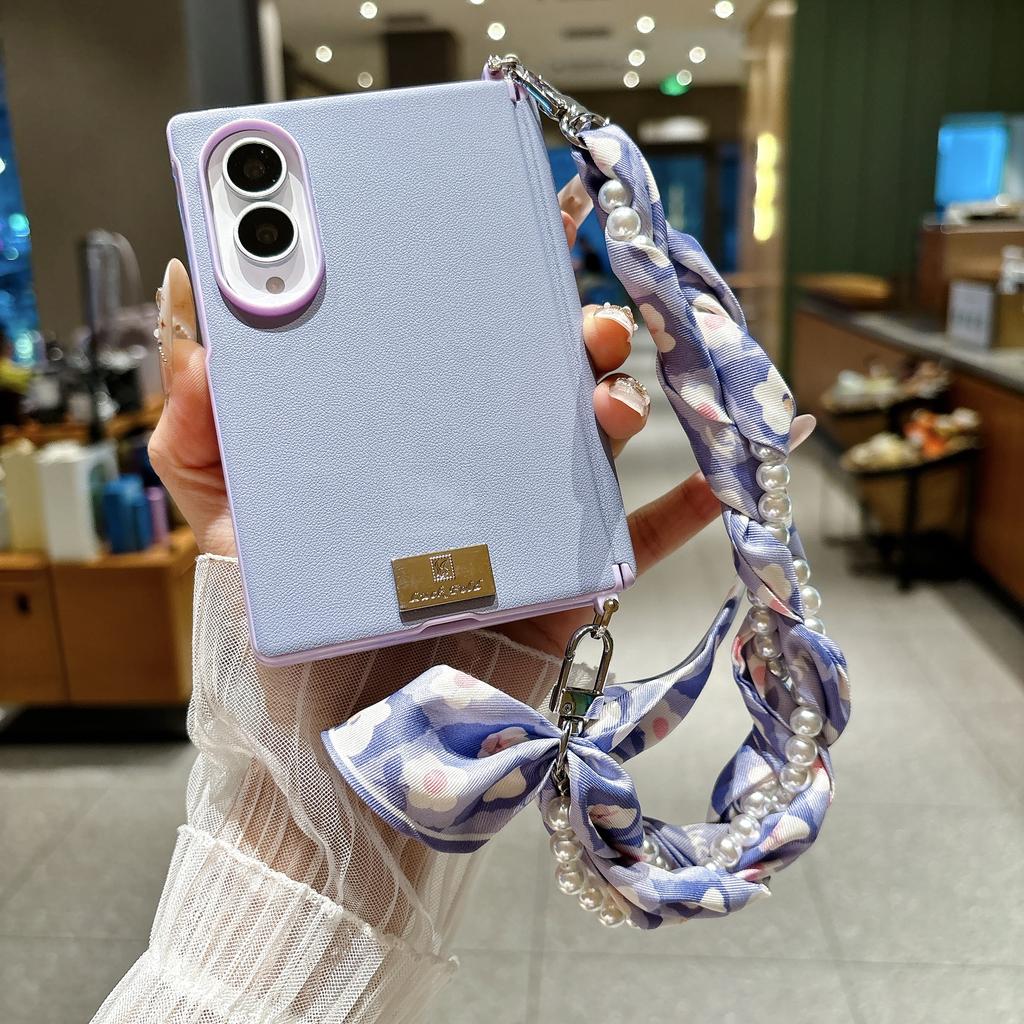 Fashion Pearl Silk Scarf Wrist Strap Leather Phone Case for Samsung Z Fold 8 Wide Shockproof Lens Protrusion Portable Slim Cover