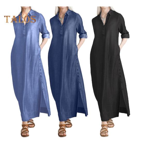 Dame Denim Maxi Kjole Casual Opprullede Ermer Splittkjole med Lommer Pluss Størrelse Knappelukking Revers V-hals Lang Kjole