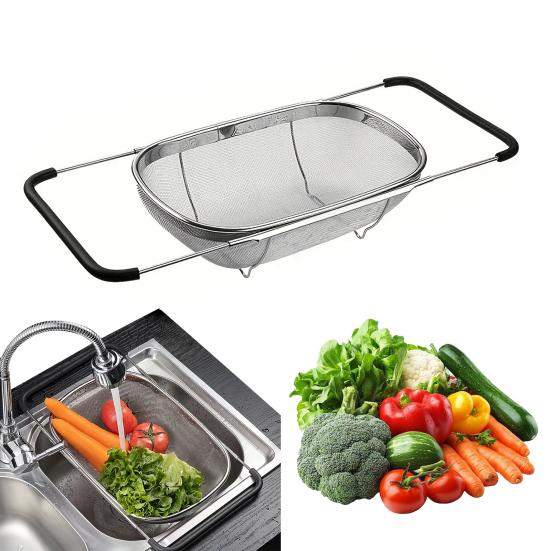 Over The Sink Colander Fine Mesh Stainless Steel Strainer Kitchen Sink Oval Colander with Expandable Rubber Grip Handles for Straining Draining