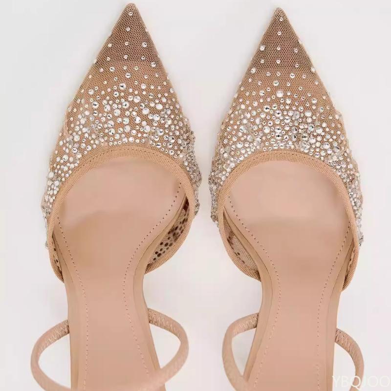 Fashion Women's Summer Sandals New Rhinestone Bright Mesh High Heels Footwear Elegant Slingback Pointed Slip on Party Lady Pumps Shoes