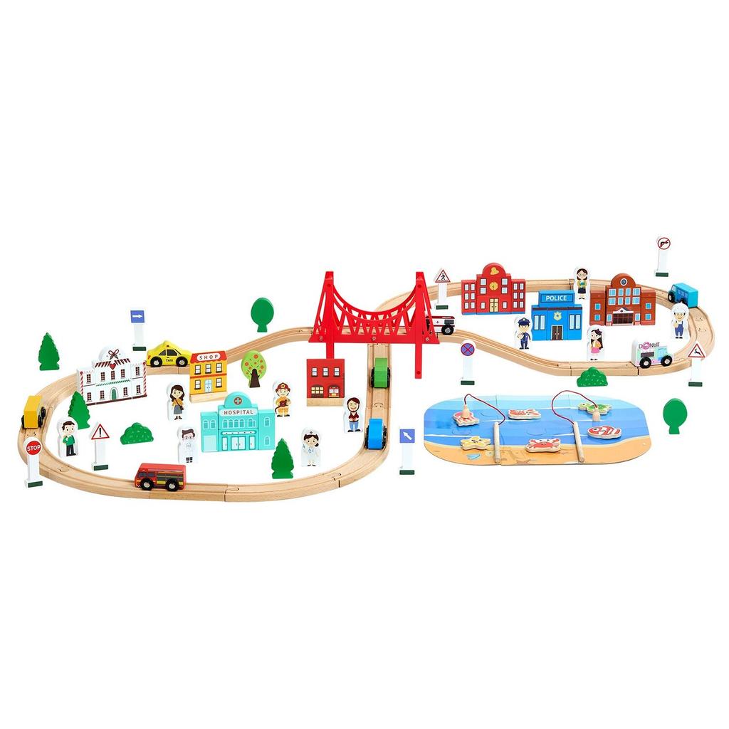 113PCS Wooden Train Set, for Kids Ages 3-8, Wood Train Track Toy with Storage Box, City Scene Railway Playset, Compatible with Major Brands, Christmas