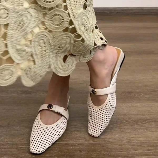 Fashion Hollow Woven Small Square Toe Flat Mules Shoes for Women Summer Slip on Casual and Breathable Roman Style Outdoor Half Slippers