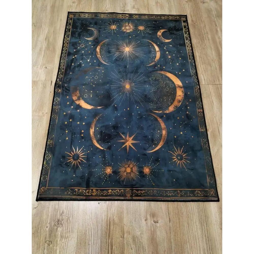 Starry Night Sky Moon and Stars Pattern Rug Celestial Decor Carpet Elegant Bedroom Living Room Floor Mat with Cosmic Design