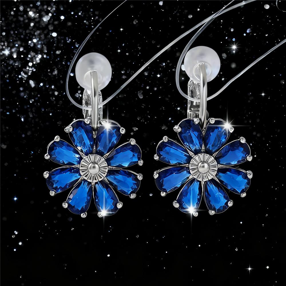 

Cute Female Blue Zircon Stone Flower Hoop Earrings Vintage Fashion Silver Color Wedding For Women
