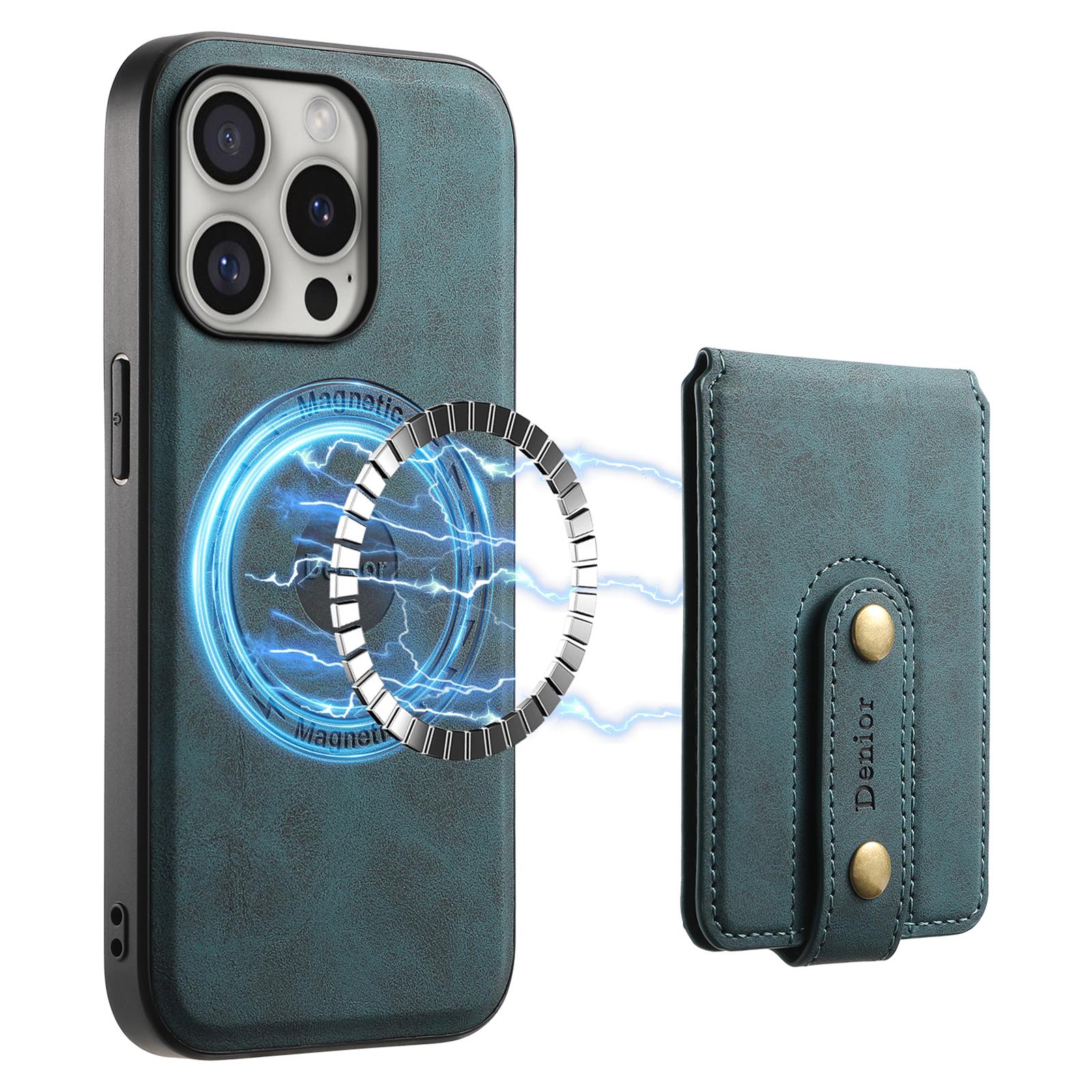 

DENIOR D14 For iPhone 16 Pro Max Magnetic Case Leather+PC+TPU Phone Cover Card Bag Blue