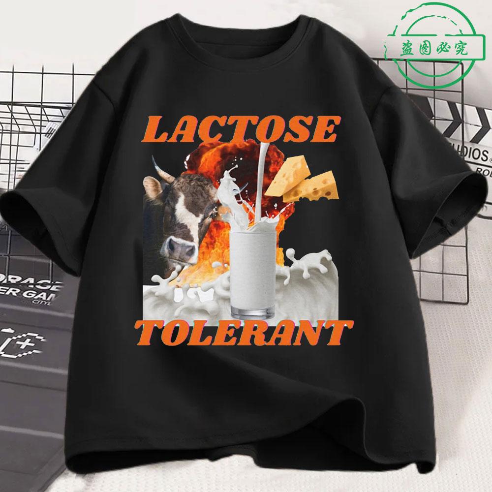 T-shirt Chat Drôle Intolérant au Lactose Unisexe Femme Mode Rétro Manches Courtes Coton Décontracté Confortable Oversize