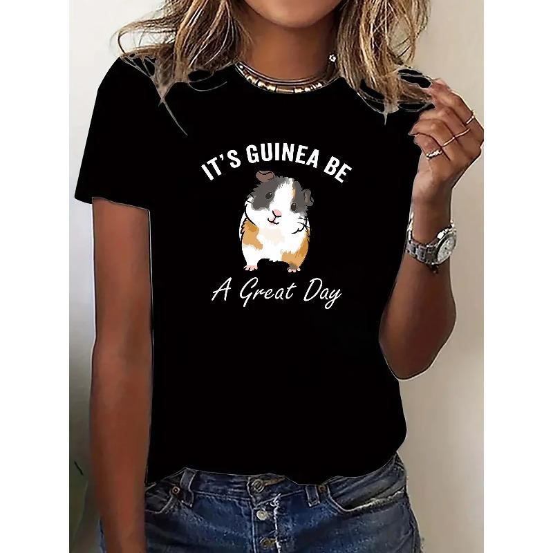 Cartoon Hamster Graphic Fashionable Round Neck Sports Short-Sleeved T-Shirt Top Women