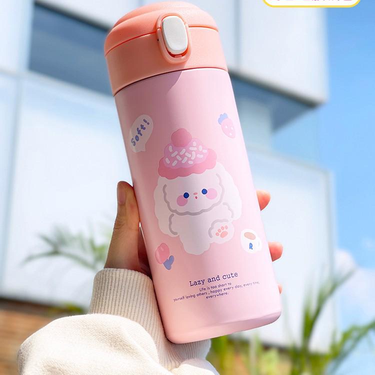 Ins Style Girly Heart Insulated Flask with Cute Bear Straw - Student Cartoon Pop-up Water Cup