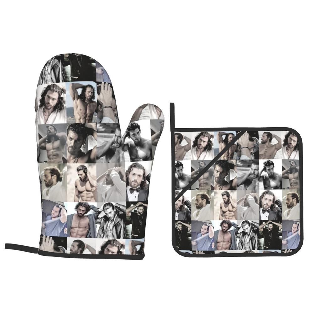 Actor Can Yaman Photo Oven Mitts and Pot Holder Sets of 2 for Baking Kitchen Cooking BBQ Resistant Non-Slip Gloves