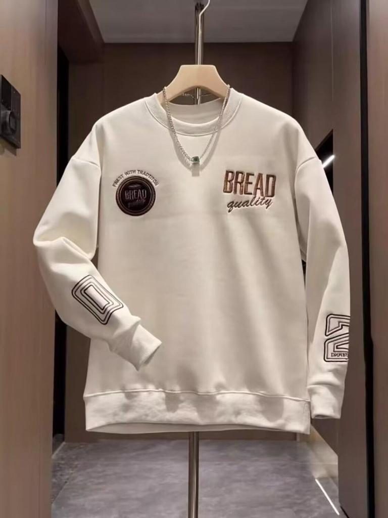 Men's Autumn 2025 Embroidered Casual Hoodie - Versatile Fashion Pullover Round Neck Top