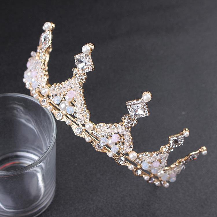 Korean Bride Gold Handmade Crown Headband Headdress New Alloy Crown Crystal Beaded Wedding Accessories