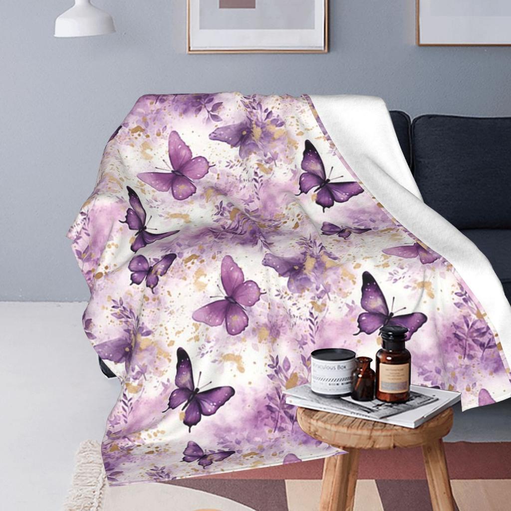 Lavender Butterfly Floral Pattern Blankets Flannel Sofa Throw Blanket Super Soft for Home Bedroom Outdoor Throws Bedspread Quilt
