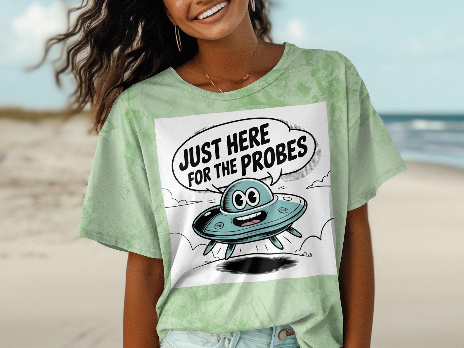 Funny Alien Spaceship Cartoon T-Shirt, Just Here For The Probes, UFO Humor Tee, Sci-Fi Enthusiast Shirt, Extraterrestrial Novelty 4XL