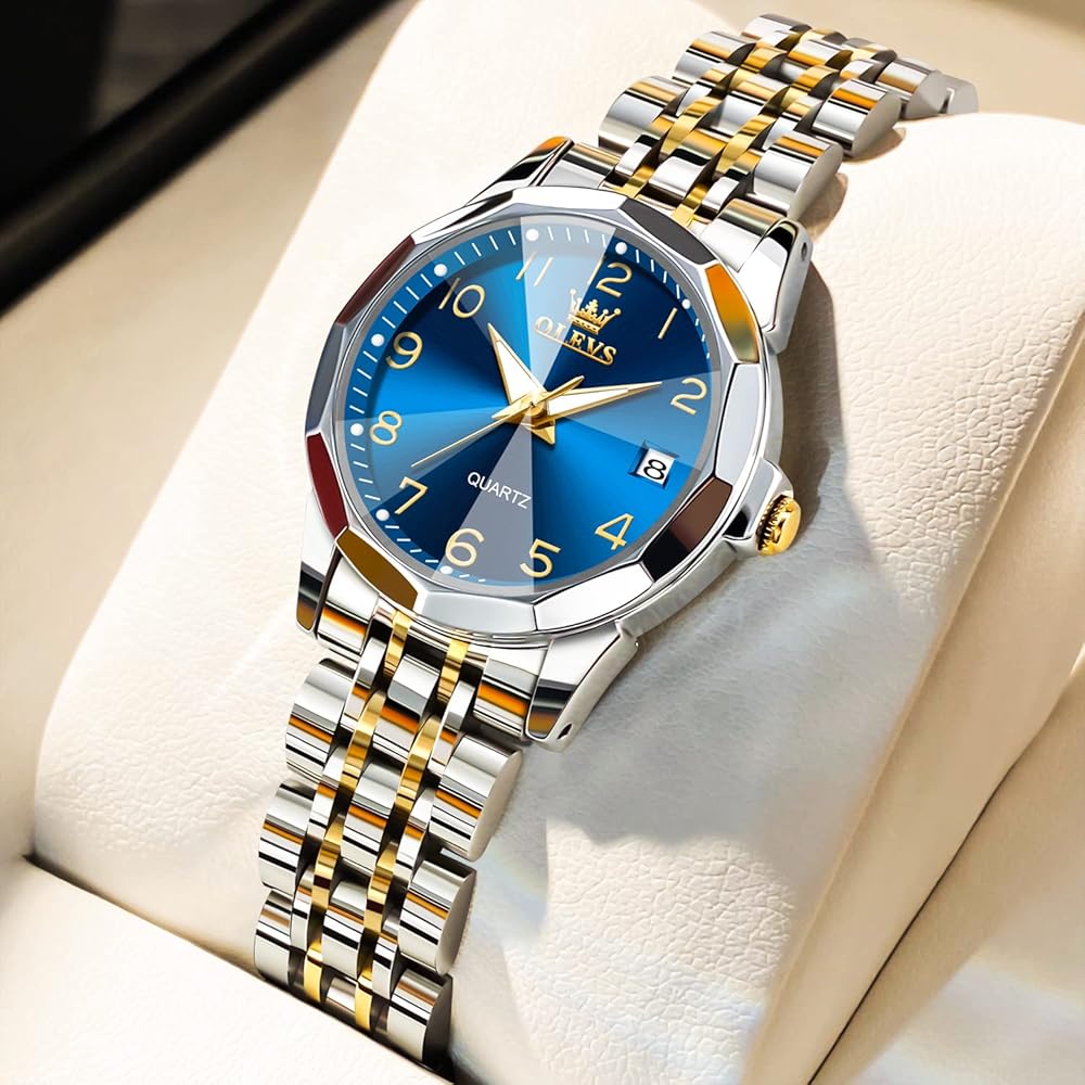 OLEVS Women's Fashion Dress Watch Analog Quartz Waterproof Stainless Steel Two-Tone Gold-Blue with Diamond and Date Display