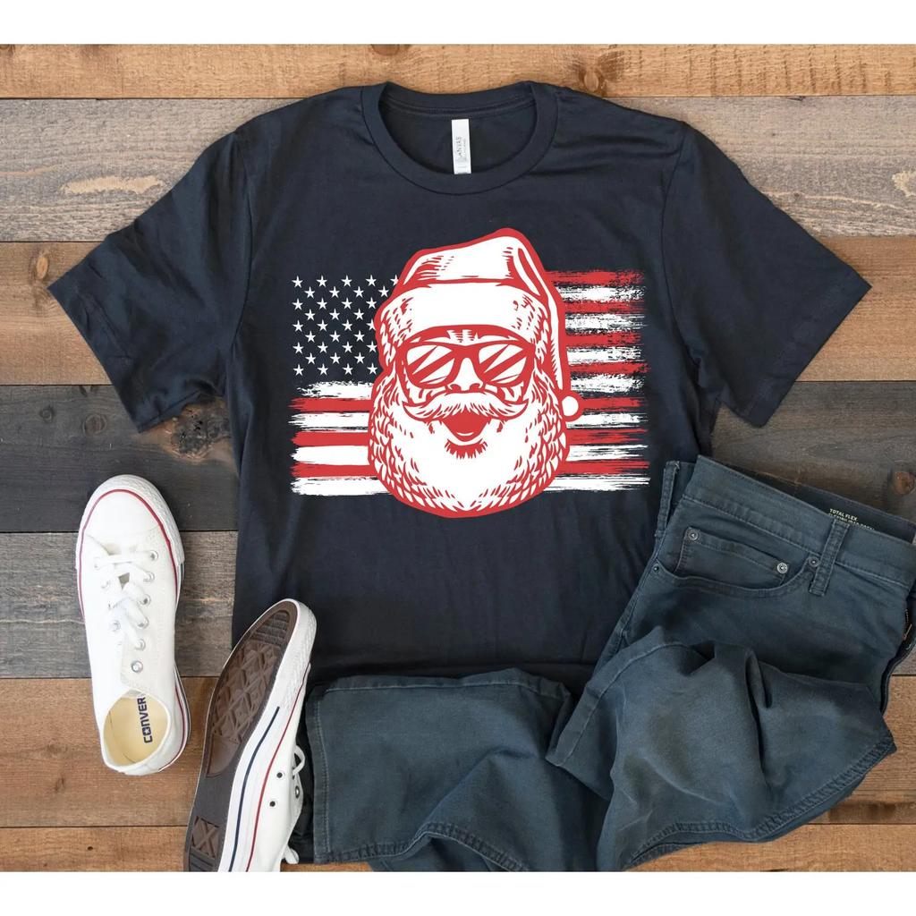 Patriotic American USA Flag Santa Claus T Shirt Funny Christmas Xmas Holiday Casual Vintage Washed Stylish