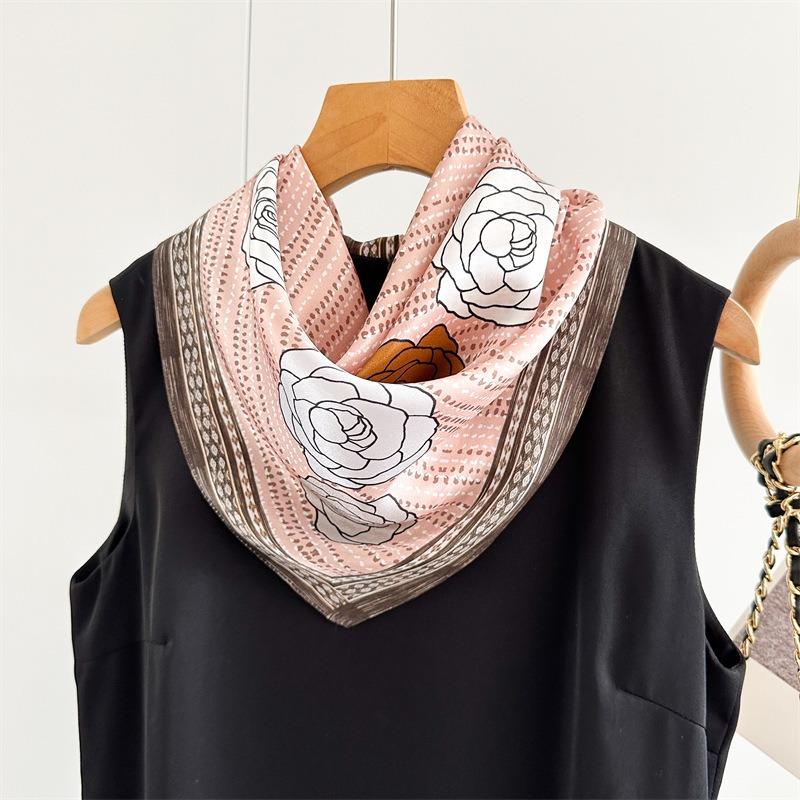 68cm Pink Camellia Pattern Scarf for Women's Spring Summer New Imitation Silk Scarf for Trendy Versatile Headscarf Scarfs Shawl