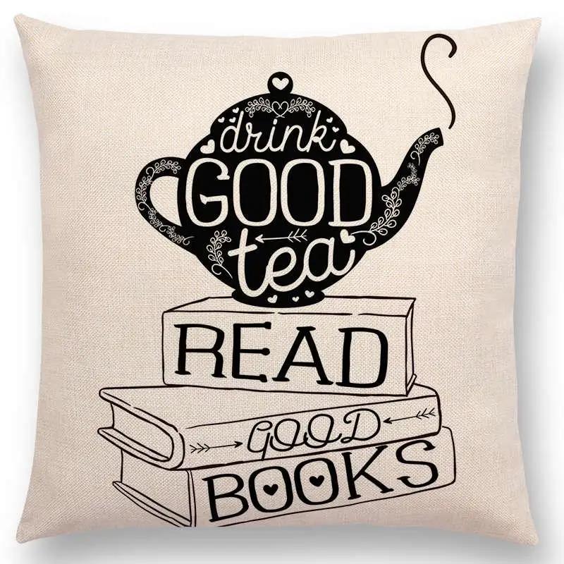 Tea Reading Books Pillow Case Home Decor Linen/cotton Cushion Cover Designer Pillow Cover for Sofa Bedroom Housse De Coussin