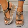 Women's Wide Width Bohemian Sandals, Rhinestone Embellished Wedge Heels, Open-Toe Beach Shoes for Women