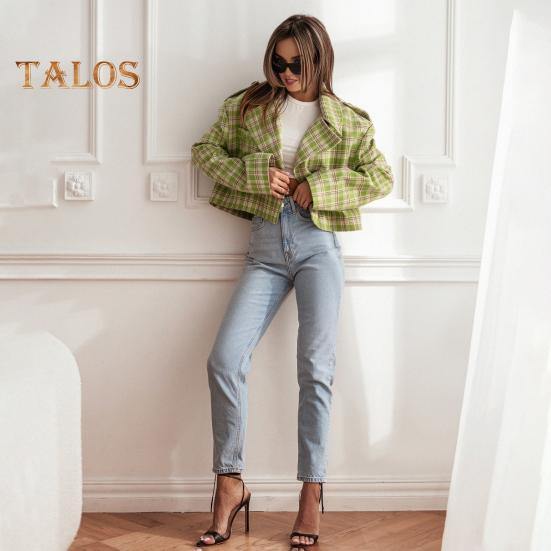 Fall Winter Women Jacket Turn down Collar Plaid Print Long Sleeves Loose Cardigan Button Decor English Style Short Type Outerwear Coat