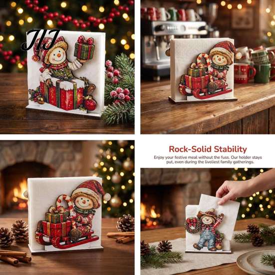 Solid Wood Tissue Dispenser Snowman Napkin Holder for Dining Table, Vertical Christmas Table Dispenser, Storage Holiday Home Decor Wooden Organizer