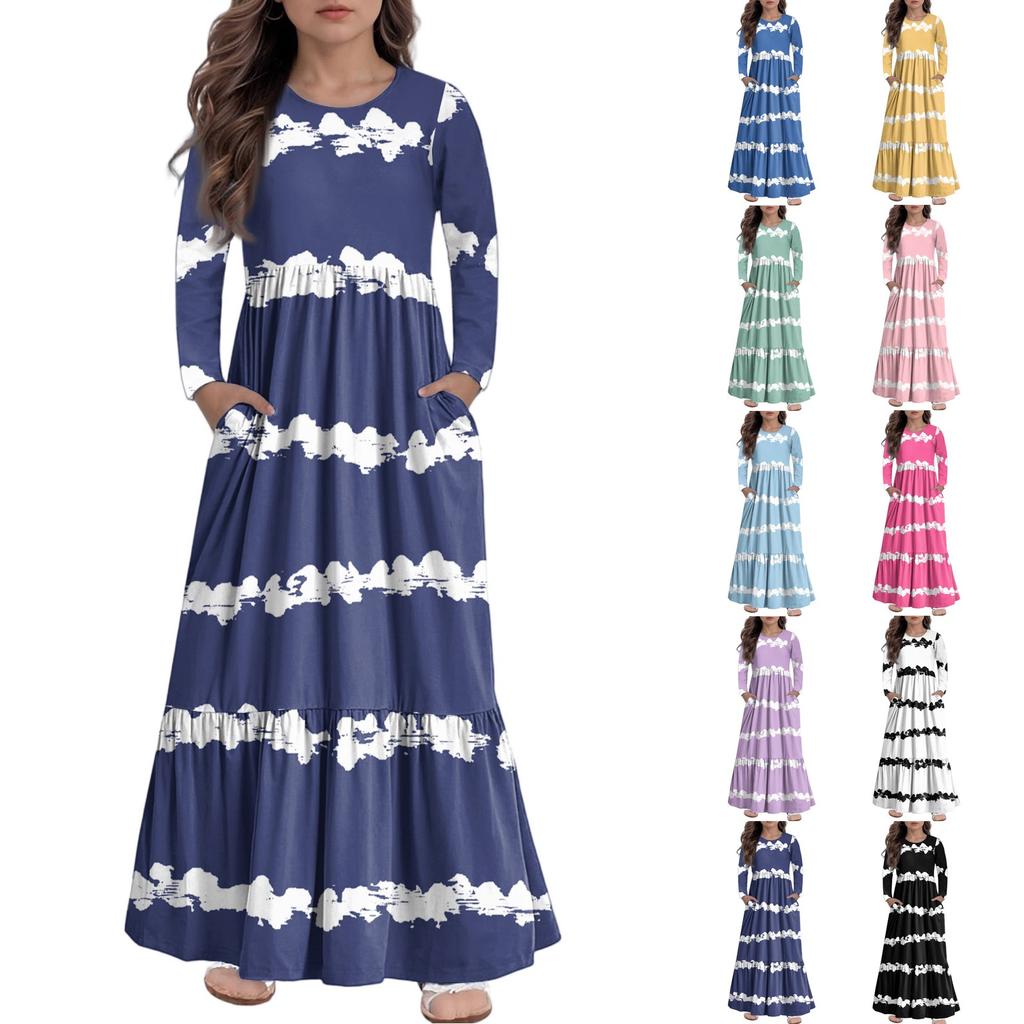 Maxikleid für Mädchen, lässige Urlaubskleider - Langarmkleid mit Taschen für 4-14J