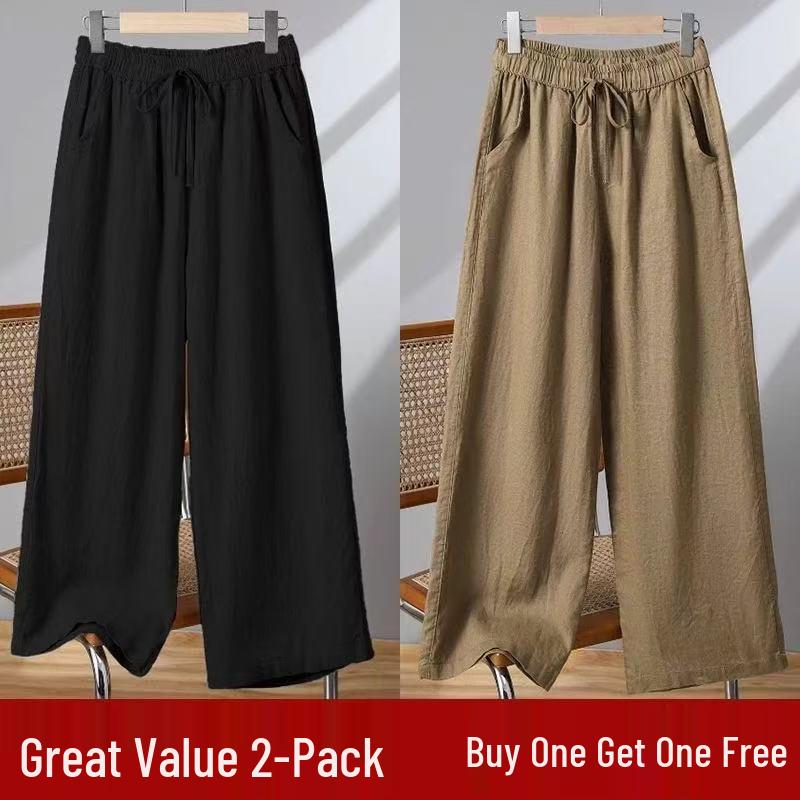 Women's Casual Wide-Leg Cotton Linen Pants - Summer Thin, Loose Fit, Nine-Point Length, Slim and Tall Look