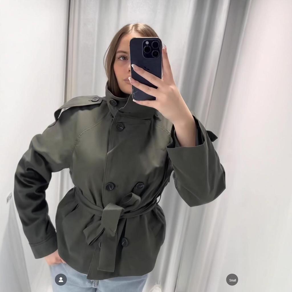 Europäischer und Amerikanischer Damen Doppelreiher Trenchcoat mit Bindegürtel Lässige Kurze Jacke
