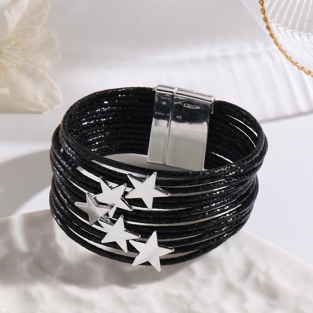 Multilayer Leather Bracelet with Star Charm and Magnetic Closure for Women