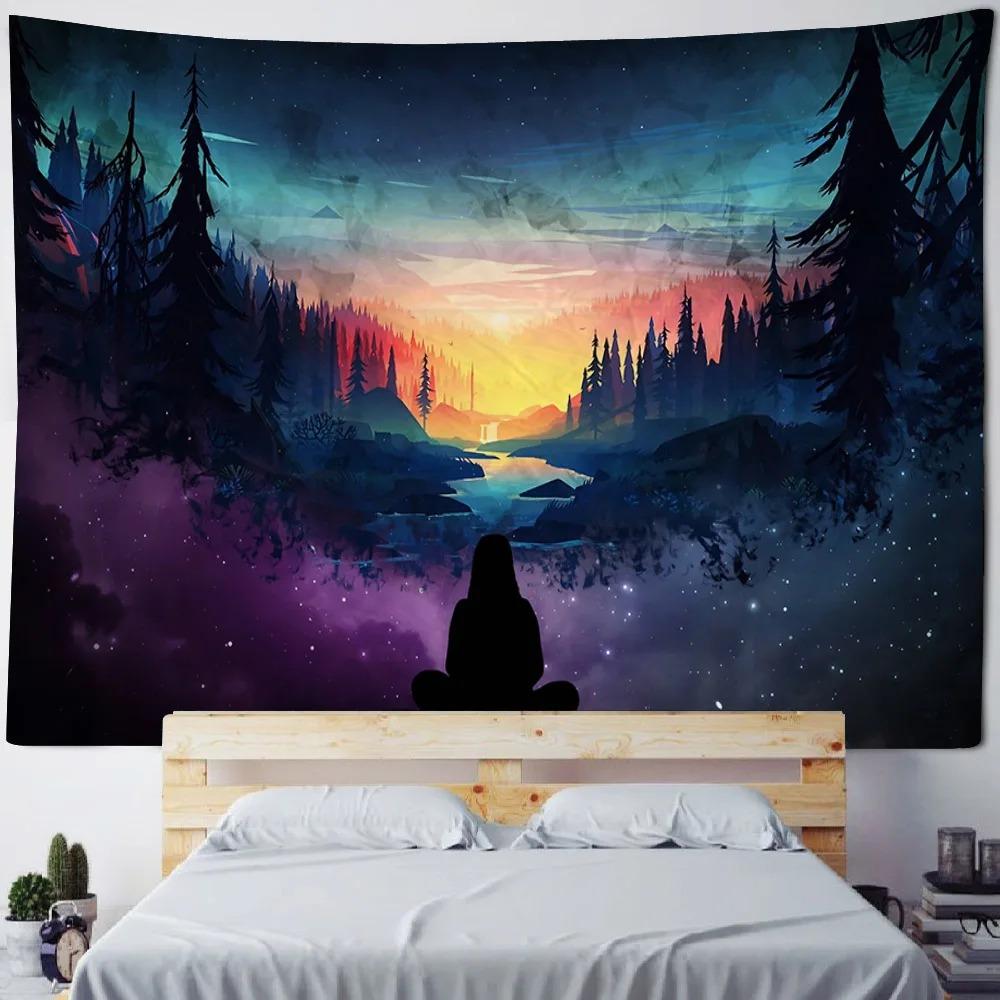 Background poster starry sky oil painting tapestry forest night fabric mural bohemian hippie home decoration wall hanging cloth