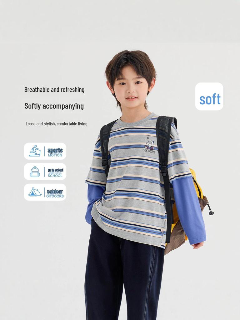 Boys' Trendy Striped Long-Sleeve Faux Two-Piece T-Shirt - 2026 Autumn Style