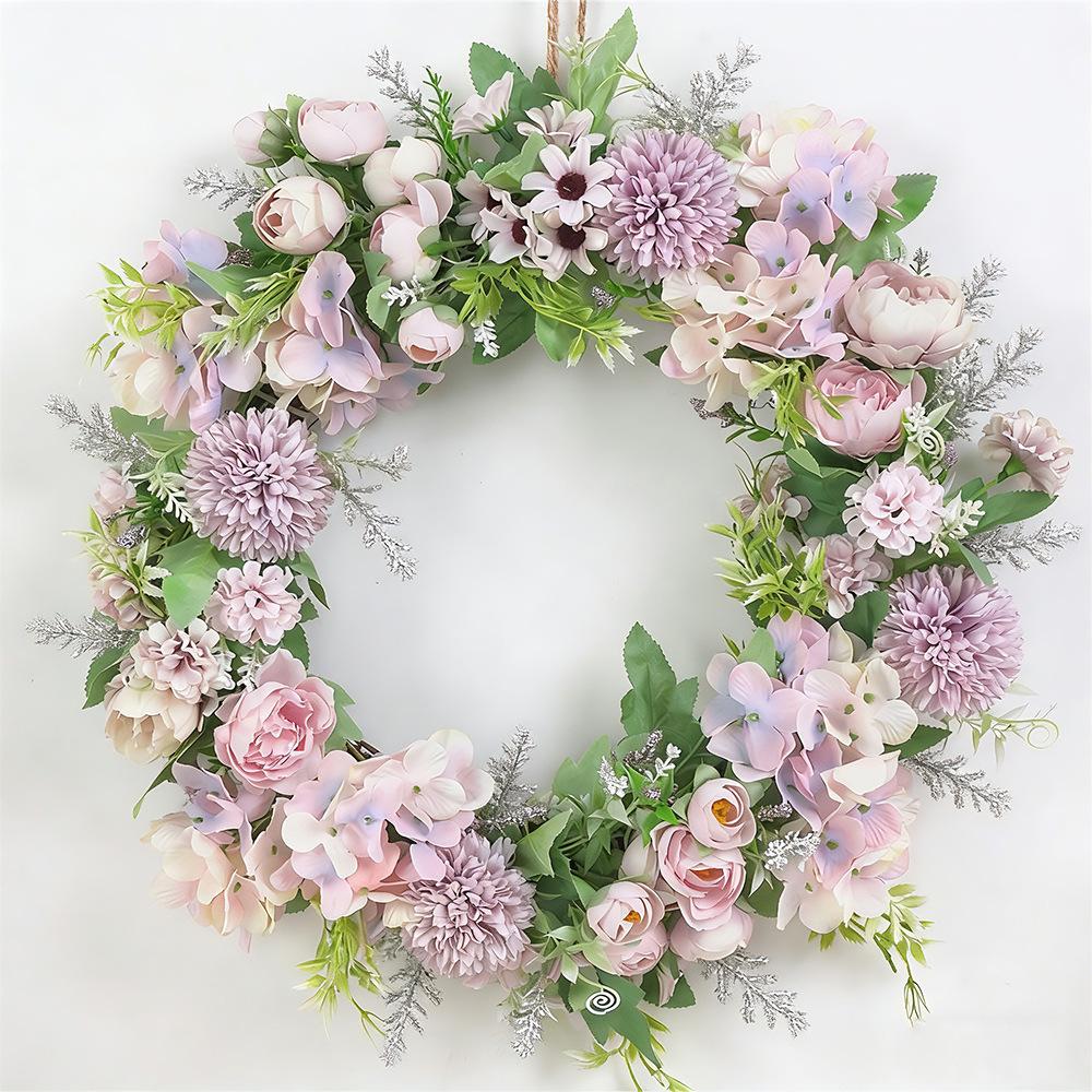 Pink-Purple Artificial Flower Wreath with Light Pink Hydrangea and Rose for Spring Door or Courtyard Decoration